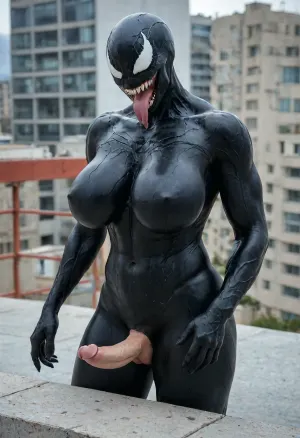 Hyperrealistic art, venom is a purple character with a large mouth, venom symbiote, 8 k cg render, venom, symbiote, 8k render, hyperreal highly detailed 8 k, 8 k high detail concept art, huge big breasts, hyper real render, 3 d render character art 8 k, 8k octane render, 8 k octane render, high detail 8 k render . Extremely high-resolution details, photographic, realism pushed to extreme, fine texture, incredibly lifelike, GiganticBreatsXL, gigantic breasts, Rooftop, erect-futa, erect-penis, woman, testicles, erection, <lora:She-Venom-FFusion.LORA:1.3>, <lora:GiganticBreastsXLv1:1.4>, <lora:SDXLlora13ErFut:1.5>