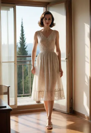 4122305, full body view. Private photo in 1958. 1 housewife stands next to a big window, she is 35 years old and wears lightly seethrough summerdress, (she spreads her legs apart, the sunlight pass through her dress:1.1), summershoes