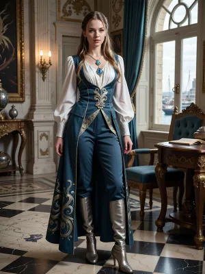 A cinematic high-fantasy portrait of Valeria Varenne at age 26, before the fall of House Varenne, when she was still the designated heir to an old matriarchal merchant dynasty in the wealthy Mediterranean-inspired port city of Corenza. Valeria is a beautiful young Aasimar woman with fair skin, refined harmonious features, defined cheekbones, a straight elegant nose, striking silver-gray eyes, and long golden-brown hair with lighter natural highlights, worn in an elegant half-up, half-down style. Her celestial heritage is subtle rather than overt, she looks mostly human, with only an unusual clarity and quiet radiance to her appearance, no visible wings.

She has a slender, athletic build and carries herself with effortless confidence, perfect posture, and the controlled grace of someone raised from childhood to become the next matriarch of a powerful house. She is not delicate or ornamental, beneath the aristocratic refinement is the balance and physical discipline of an accomplished fencer.

Valeria wears luxurious but tasteful noble clothing in muted dark teal, ivory, silver and restrained gold. A loose, elegant blouse of fine lightweight fabric is fitted at the waist beneath a beautifully tailored teal waistcoat, with fitted trousers and high fine leather boots with a modest heel. The fabrics and craftsmanship are expensive without being gaudy. Delicate silver and gold embroidery suggests wind, sea currents and maritime motifs appropriate to an old trading family.

Around her neck is a fine silver chain with an elegant silver pendant containing a polished sea-blue gemstone. A refined brooch shaped like a spiraling current of wind around a small star is pinned to her clothing.

The setting is an elegant merchant-aristocratic mansion in Corenza, with tall windows, carved stone, polished wood, maps, ledgers and subtle signs of immense mercantile wealth. Through the windows, hints of a great harbor and distant masts can be seen. Valeria should feel intelligent, composed, warm beneath her formality, and entirely believable as a woman who expects one day to inherit the house around her.

Detailed fantasy art, painterly realism, cinematic natural lighting, realistic anatomy, expressive eyes, elegant fabric textures, sophisticated aristocratic atmosphere, full-body or three-quarter composition.