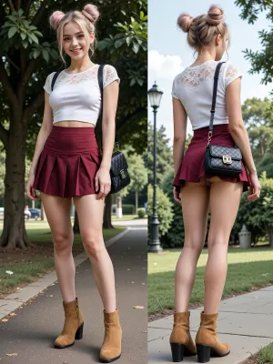 Low-angle full-body shot, photorealistic image of a young little cute woman with a double hairstyle, (two space buns), in pastel pink and blonde hair. She has a happy expression and is smiling at the viewer. She is wearing a fitted white short-sleeve lace crop top, a high-waisted pleated short maroon, (burgundy), (no panties), short mini skirt, and tan suede ankle boots with a low block heel. In the front view, she is standing on a park path, looking at the camera. She has a black quilted shoulder bag with a metal logo on her shoulder. The split-screen image also shows a back view of the exact same outfit, hair buns, boots, and bag as she stands in a park setting.