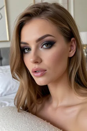 intimate portrait of a woman in her luxurious bedroom with minimalist decor, she poses coyly with a soft serene expression, she has luscious lips with soft pillowy creases, soft honey-blonde hair, glamorous sultry makeup with dark kohl eyeshadow and thick winged eyeliner, huge down-turned almond-shaped light-brown eyes, delicate doll-like facial structure high sharp cheekbones