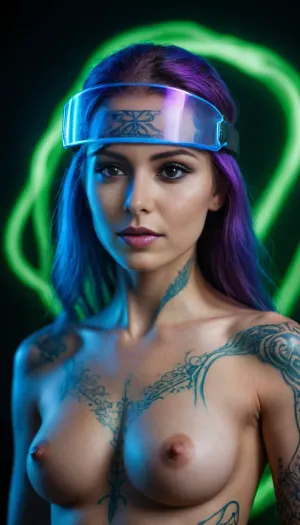 ​Editorial conceptual photography of a naked female cyber-nomad with small breasts . She wears a transparent UV-reactive liquid visor that radiates an intense electric-blue aurora. Her body is accented with invisible-ink henna tatts that explode into vibrant radiant violet and acidic green under ultraviolet rays, deep dark studio backdrop, 8k cinematic render.