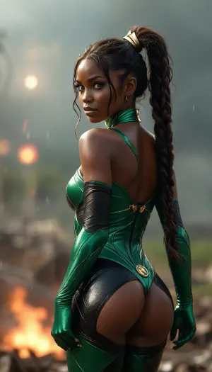 8k, best quality, (masterpiece), (intricate details), ((rear view)), super sexy 45 year old African female dressed as green lantern, ((very dark skin:1.4)), Long black braided hair, perfect eyes, perfect face, perfect lighting, 4beautiful, high detail, octane render, detailed eyes, sexy, walking away, view from behind, holding golden lasso, mysterious, (full-body shot from a distance), standing in the center of a tornado with debris blowing around her, huge natural breasts, round buttocks, curvy thighs, curvy round hips, wide thigh gap, tight round ass, Rainbowiridal, Spiral, rainbowiridal, eyes, palette, Shiny..., Bright..., Intense, gaze, Fire, dragon, Amber, cat, Anthro..., woman, Genetically, modified..., <lora:MJ52:1.5>, <lora:Stunning_eyes_2:.8>