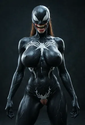 Hyperrealistic art, venom is a purple character with a large mouth, venom symbiote, 8 k cg render, venom, carnage, symbiote, 8k render, hyperreal highly detailed 8 k, 8 k high detail concept art, huge big breasts, hyper real render, 3 d render character art 8 k, 8k octane render, 8 k octane render, high detail 8 k render . Extremely high-resolution details, photographic, realism pushed to extreme, fine texture, incredibly lifelike, GiganticBreatsXL, gigantic breasts, pussy lips, <lora:She-Venom-FFusion.LORA:1>, <lora:GiganticBreastsXLv1:1>
