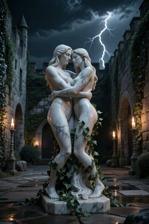 (((marble statuette of two naked lesbian women in loving embrace))), ivy climbing up the statuette, placed in the middle of a medieval castle courtyard, ivy covered rough stone walls, dark night with sparse illumination from a few standing troches, dark cloudy sky with lightning, dark medieval atmosphere, somber lighting, long shadows, photo realistic, realistic torch flame lighting, realistic detailed stone texture, realistic detailed marble texture, anatomically correct statuette, highly detailed statuette, detailed realistic ivy texture, ONLY FEMALE FIGURES, feminine statuette