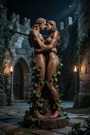 (((statuette carved from wood of two naked lesbian women in loving embrace))), ivy climbing up the statuette, placed in the middle of a medieval castle courtyard, ivy covered rough stone walls, dark night with sparse illumination from a few standing troches, dark medieval atmosphere, somber lighting, long shadows, photo realistic, realistic torch flame lighting, realistic detailed stone texture, realistic detailed wood texture, anatomically correct statuette, highly detailed statuette, detailed realistic ivy texture