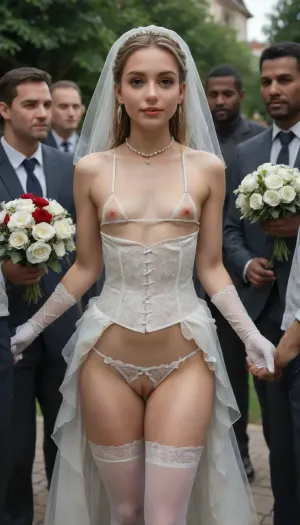 (A row of interracial group portrait, portrait of family photo, white 1woman with black 7men, little white bride Stepdaughter, Nigerian black big 5men:1.3), hugs, outdoor, Beautiful 20 year old bride small head Tiffany, 7 black African big muscular black Nigerian men around her, outdoor in yard garden, slutty smirk, (white veil, white roses bouquet, white stockings, lace white gloves to shoulders, white corset, white micro bra:1.3), hourglass figure, fair skin, pure white hair, perfect makeup, short wavy bob haircut, round breasts, large areolas, hard erected bulge longnips, (breasts and pussy completely visible through her transparent dress), (flat chested bride:1.4), (short torso:1.5), very large areolas, (big labia cameltoe:1.2), ((big pearls necklace)), (gold hoop earrings), powder blue eyes, (very long eyelashes), very cute, innocent, shy expression, transparent sheer white wedding gown, ((see through dress)), (lace white crotchless panties:1.3), sheer white lace stockings, shaved pussy, poing in a warm sun lit white and red rose garden, diaphanous, dress, bukkake, cum, Tiffany, blonde, <lora:xl_diaphanous_dress-1.0:2>, <lora:MS_Real_XL_Bukkake:2>, <lora:detailed_notrigger:2>, <lora:Tiffany_head:2>
