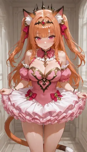 Petite cute cat woman. Dressed in a fancy pink balarina outfit, tutu.