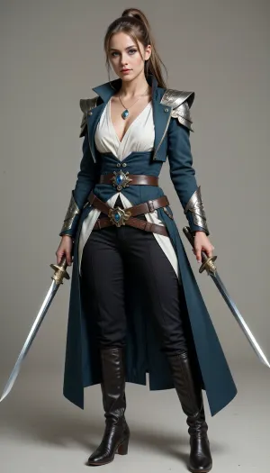 A cinematic high-fantasy full-body character portrait of Valeria Varenne, a 26-year-old female Aasimar paladin and elegant dual-wielding adventurer. She has fair skin, refined harmonious features, defined cheekbones, a straight elegant nose, striking silver-gray eyes, and long golden-brown hair with lighter natural highlights. Her hair is pulled back into a practical high ponytail for travel and combat. Her celestial heritage is subtle in her normal appearance, she looks predominantly human, beautiful and slightly otherworldly without visible wings, halo or constant supernatural glow.

Valeria has a slender athletic build shaped by years of fencing, with excellent balance and graceful controlled movement rather than muscular bulk. She fights as an agile unarmored duelist, not a traditional armored knight. Her bearing still reveals the woman who was raised as heir to House Varenne, but her clothing now combines aristocratic taste with the practicality of a seasoned traveler.

She wears a long, tailored dark muted teal coat that functions as her magical Cloak of Protection, elegant and flowing in motion but structured like a duelist's coat rather than a traditional cape. Beneath it is a loose ivory blouse of fine lightweight fabric, gathered by a fitted dark teal waistcoat or broad leather belt. She wears close-fitting dark trousers and high, finely made leather boots with a small practical heel. The outfit is accented with restrained silver and gold details and subtle wind-inspired embroidery. Everything is high quality but visibly intended for travel and combat.

Around her neck is a fine silver chain bearing an elegant silver pendant set with a polished sea-blue gemstone, her Amulet of Health. Fastened to her coat is her holy focus, a silver-and-gold brooch shaped like a spiraling current of wind surrounding a small star.

Valeria wields two elegant magical blades, a light, beautifully balanced scimitar in one hand and a slender shortsword in the other. Both blades have a subtle silver sheen, refined rather than ornate, clearly made for speed, precision and expert fencing. Her stance is mobile and balanced, like a sword dancer about to move rather than a heavy warrior bracing for impact.

A faint supernatural breeze moves her ponytail and the long tails of her coat even when the surrounding air is still. Her silver-gray eyes appear slightly brighter when her divine power rises, but there is no strong elemental aura around the weapons yet. She should feel like a woman touched by wind, freedom and celestial power without being visually dominated by magical effects.

The setting is a fantasy road, ruined courtyard or windswept overlook beyond Corenza, suggesting that she has left her former noble life behind and now travels to help others. Painterly realistic fantasy art, cinematic lighting, dynamic but elegant composition, realistic anatomy, detailed fabrics and weapons, sophisticated heroic atmosphere.