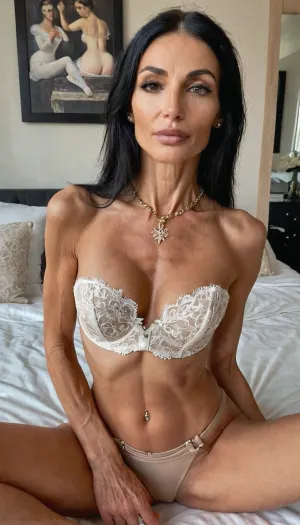On my bed, ((pov handjob hand on my cock)), round fake tits, cumshot, aheagao, close up, ((seducing)), white lace corset, anorexic, photoshoot posing, ballerina, ((55yo old woman)), handcuffed, choker, tattoos, sexy neck, (tan skin), (fit body:1.3), (beautiful Argentinian instagram model face), (fit body), very beautiful, perfect skinny body, perfect face, looking at the camera, perfect eyes, (skinny fit), pretty, snub-nosed, long black hair, (crop, top:1), bmbplora, <lora:bimboxl_02:.8>