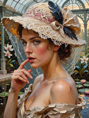 A portrait of a young, beautiful woman in the Edwardian style of the 1900s–1910s, she stands in a luxurious conservatory by a pond with water lilies, in a three-quarter profile, her head slightly turned to the left, the pensive gaze of her expressive eyes is directed to the side, rosy cheeks, slightly parted lips, her right hand is raised, with her index finger touching her lower lip, her hair is gathered and styled beneath a hat. A cream-colored wide-brimmed hat with a ribbon, abundant white lace, a bow, and dark blue feathers, a semi-transparent white veil falls to her shoulders. A textured summer dress with bare shoulders. Background, a Victorian glass-and-iron greenhouse with a frame and arched windows, the warm, golden light of sunset filters through the glass, a pond with green water lily leaves and blooming pink and white water lilies, tropical plants. Style, oil painting, Impressionism, visible textured brushstrokes, impasto, soft, painterly light, high level of detail, the atmosphere of John Singer Sargent and Monet’s water gardens.