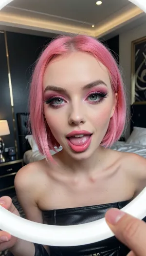 ("gutter-glam" avant-garde aesthetic, dark-pop aesthetic, avant-garde goth-punk, industrial goth:8), (full-body shot, artistic study of unconventional beauty:4), ("bubblegum" goth aesthetic, full lips, soft and charming smile:8), (bright pink hair:3), (bold eyeshadow, long false eyelashes, strong eyeliner, pink lipstick), (large expressive eyes, well-defined limbal rings), (modern, luxurious bedroom with sleek, refined decor), (ring light reflection in the eyes), (raw, unretouched photo aesthetic, overexposed, low-contrast amateur look), (saturated white highlights, low dynamic range, "high-key" aesthetic with washed-out tones)