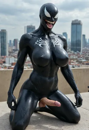 Hyperrealistic art, venom is a purple character with a large mouth, venom symbiote, 8 k cg render, venom, symbiote, 8k render, hyperreal highly detailed 8 k, 8 k high detail concept art, huge big breasts, hyper real render, 3 d render character art 8 k, 8k octane render, 8 k octane render, high detail 8 k render . Extremely high-resolution details, photographic, realism pushed to extreme, fine texture, incredibly lifelike, GiganticBreatsXL, gigantic breasts, Rooftop, erect-futa, erect-penis, woman, testicles, erection, <lora:She-Venom-FFusion.LORA:2>, <lora:GiganticBreastsXLv1:1.8>, <lora:SDXLlora13ErFut:1.9>