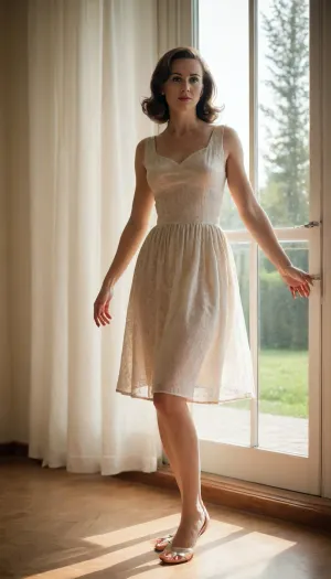 4122305, full body view. Private photo in 1958. 1 housewife stands next to a big window, she is 35 years old and wears lightly seethrough summerdress, (she spreads her legs apart, the sunlight pass through her dress:1.1), summershoes