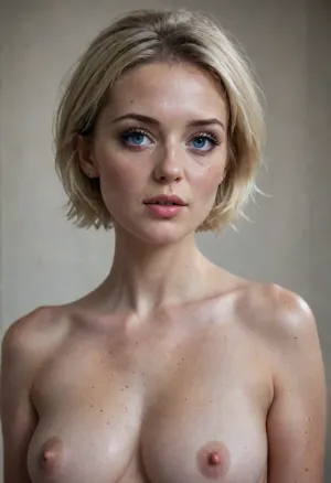 3/4 front pose, turned in profile, beautiful sexy slender 30 year old blonde woman posing naked, profile photo, big breasts, dark makeup, icy-Blue eyes, short shoulder-length hair, 1/4 view, bare legs, good hands, perfect fingers, slightly open mouth, with cum on her forehead, facial, detailed, eyes, perfect, freckles, texture, photorealistic, perfecteyes, pale, skin, round, breasts, <lora:Super_Eye_Detailer_By_Stable_Yogi_SDPD0:1.1>, <lora:lora-sdxl-perfect-eyes:1>, <lora:Pale_Skin_SDXL_v1.0:.7>, <lora:round_breasts-XL-1.0:1.2>
