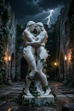 (((marble statuette of two naked lesbian women in loving embrace))), ivy climbing up the statuette, placed in the middle of a medieval castle courtyard, ivy covered rough stone walls, dark night with sparse illumination from a few standing troches, dark cloudy sky with lightning, dark medieval atmosphere, somber lighting, long shadows, photo realistic, realistic torch flame lighting, realistic detailed stone texture, realistic detailed marble texture, anatomically correct statuette, highly detailed statuette, detailed realistic ivy texture, ONLY FEMALE FIGURES, feminine statuette