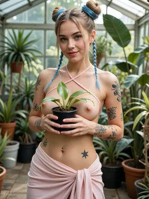 A high-quality, realistic portrait of a beautiful young woman standing inside a sunlit glass greenhouse. She has fair skin, long blonde hair styled into two whimsical space buns with blue-dyed braids hanging down the sides. She is posing frontally, looking directly at the camera with a gentle, soft smile. She wears a minimalist pale pink fabric wrap draped around her waist and a thin, delicate pink criss-cross halter-style strap across her chest. Her body is adorned with several distinct black ink tattoos, a star on her lower abdomen, and intricate illustrations on her arms. She is holding a small black plastic pot containing a vibrant green pitcher plant, with both hands at chest level. The background is a blurred, lush greenhouse environment filled with various potted tropical plants and large leaves. Blue eyes. Soft, natural diffused daylight, 8k resolution, cinematic lighting, hyper-realistic skin texture