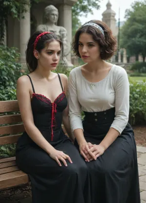 Two women, Zoey is a late-20s emo babe. Zoey has shaggy hair with a ribbon in hair. Clara is a late-20s goth babe. Clara has short hair with a headband in her. Zoey and Clara are in a garden with a marble statue of Hercules standing with a very hard erect penis. Zoey is lovingly caressing the statue. Clara is sitting on a nearby bench watching Zoey. best view