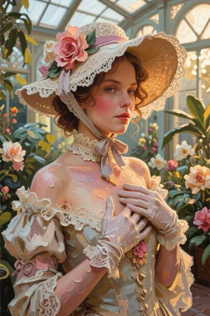 This oil painting, executed using the impasto technique on textured linen canvas, features noticeable thick layers of paint and rough brushstrokes applied with a palette knife, in the style of contemporary palette knife portraiture. This close-up portrait of an elegant Victorian lady wearing an ornate wide-brimmed hat, adorned with lace and large flowers, is executed with dense brushstrokes. She stands in a sunlit Victorian greenhouse, her hands separated, delicately gloved, resting on her chest, her skin covered in impasto, dense patches. The background depicts the soft, warm, painterly atmosphere of a glass greenhouse, with impasto, dense brushstrokes, rendered in large, loose, unblended, matte oil brushstrokes, suggesting arched windows and lush tropical plants and numerous flowers, rendered in dense, impasto brushstrokes with a palette knife. The uniform, unprocessed, noticeably thick texture of the oil seamlessly covers the entire canvas, uniting her face, rosy skin, hat, and the blurred greenhouse background into a single, cohesive, richly textured painting surface, rendered in dense brushstrokes with a palette knife. Dramatic "golden hour" lighting, an anti-photorealistic style, and a complete absence of digital processing and smooth surfaces are featured.