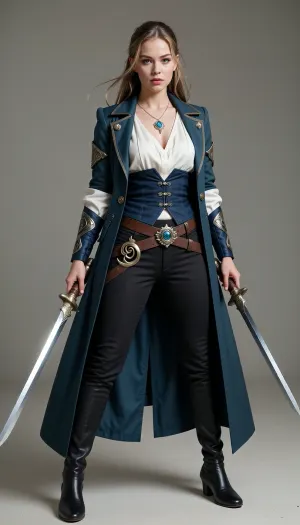 A cinematic high-fantasy full-body character portrait of Valeria Varenne, a 26-year-old female Aasimar paladin and elegant dual-wielding adventurer. She has fair skin, refined harmonious features, defined cheekbones, a straight elegant nose, striking silver-gray eyes, and long golden-brown hair with lighter natural highlights. Her hair is pulled back into a practical high ponytail for travel and combat. Her celestial heritage is subtle in her normal appearance, she looks predominantly human, beautiful and slightly otherworldly without visible wings, halo or constant supernatural glow.
Valeria has a slender athletic build shaped by years of fencing, with excellent balance and graceful controlled movement rather than muscular bulk. She fights as an agile unarmored duelist, not a traditional armored knight. Her bearing still reveals the woman who was raised as heir to House Varenne, but her clothing now combines aristocratic taste with the practicality of a seasoned traveler.
She wears a long, tailored dark muted teal coat that functions as her magical Cloak of Protection, elegant and flowing in motion but structured like a duelist's coat rather than a traditional cape. Beneath it is a loose ivory blouse of fine lightweight fabric, gathered by a fitted dark teal waistcoat or broad leather belt. She wears close-fitting dark trousers and high, finely made leather boots with a small practical heel. The outfit is accented with restrained silver and gold details and subtle wind-inspired embroidery. Everything is high quality but visibly intended for travel and combat.
Around her neck is a fine silver chain bearing an elegant silver pendant set with a polished sea-blue gemstone, her Amulet of Health. Fastened to her coat is her holy focus, a silver-and-gold brooch shaped like a spiraling current of wind surrounding a small star.
Valeria wields two elegant magical blades, a light, beautifully balanced scimitar in one hand and a slender shortsword in the other. Both blades have a subtle silver sheen, refined rather than ornate, clearly made for speed, precision and expert fencing. Her stance is mobile and balanced, like a sword dancer about to move rather than a heavy warrior bracing for impact.
A faint supernatural breeze moves her ponytail and the long tails of her coat even when the surrounding air is still. Her silver-gray eyes appear slightly brighter when her divine power rises, but there is no strong elemental aura around the weapons yet. She should feel like a woman touched by wind, freedom and celestial power without being visually dominated by magical effects.
She is standing in an old ruined courtyard, in a long forgotten fantasy castle, at dusk.
The setting is a fantasy ruined courtyard, suggesting that she has left her former noble life behind and now travels to help others. Painterly realistic fantasy art, cinematic lighting, dynamic but elegant composition, realistic anatomy, detailed fabrics and weapons, sophisticated heroic atmosphere.