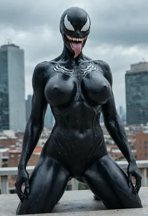 Hyperrealistic art, venom is a purple character with a large mouth, venom symbiote, 8 k cg render, venom, carnage, symbiote, 8k render, hyperreal highly detailed 8 k, 8 k high detail concept art, huge big breasts, hyper real render, 3 d render character art 8 k, 8k octane render, 8 k octane render, high detail 8 k render . Extremely high-resolution details, photographic, realism pushed to extreme, fine texture, incredibly lifelike, GiganticBreatsXL, gigantic breasts, pussy lips, pussy, Rooftop, <lora:She-Venom-FFusion.LORA:1>, <lora:GiganticBreastsXLv1:1>