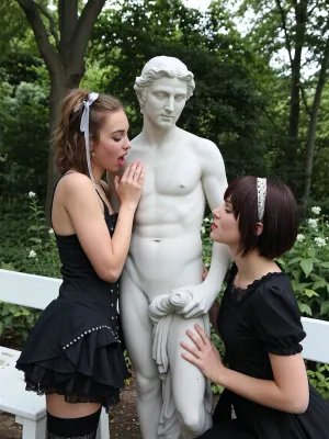 Two women, Zoey is a late-20s emo babe. Zoey has shaggy hair with a ribbon in hair. Clara is a late-20s goth babe. Clara has short hair with a headband in her. Zoey and Clara are in a garden with a marble statue of a standing Priapus. Zoey is lovingly caressing the statue. Clara is sitting on a nearby bench watching Zoey. best view