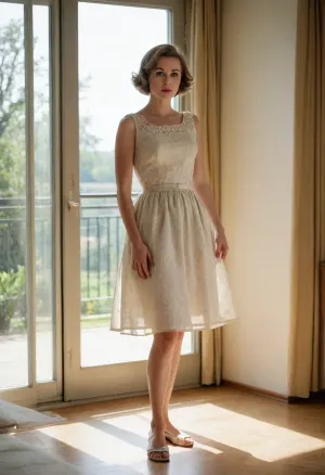 4122305, full body view. Private photo in 1958. 1 housewife stands next to a big window, she is 35 years old and wears lightly seethrough summerdress, short dark blonde hair, (she spreads her legs apart, the sunlight pass through her dress:1.1), summershoes