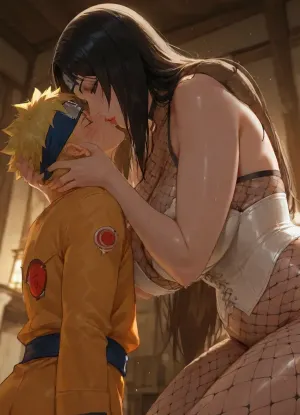 masterpiece, high detailed, (Glossy liner anime style), (Yūhi Kurenai from Naruto, long black hair, her white corset, fishnet halter, hourglass figure body, 36 years old, eyeshadow, milf, giant woman), (1 boy, Naruto_Uzumaki, yellow hair, his yellow coat, headband with Konoha emblem, short and small boy), (mother and son, taboo relationship), woman holding back of boy's head, (height difference, giant woman and small boy), side view, below view, deep field shot, backlight, hetero, woman bend forward to kissing the boy, waist, bend over, mouth to mouth, wet kiss