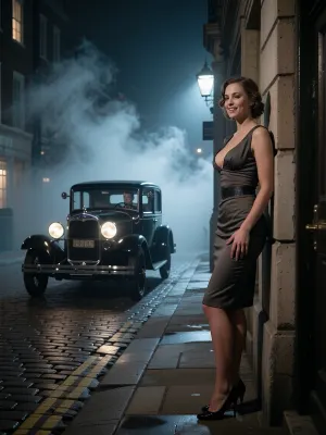 Masterpiece, highest quality, extremely detailed, photorealistic, 8K raw shot, London in 1932, moody atmosphere, night, unlit street, no lighting, very dense fog, wisps of fog, cobblestones, a 1930 Ford Model A appears on the horizon, a man behind the wheel. A young prostitute, elegantly dressed in form-fitting attire, stands against a building wall waiting for a client, wearing a sexy, smiling expression, professional photography, soft cinematic lighting, sharp focus, high resolution, realistic.