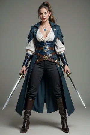 A cinematic high-fantasy full-body character portrait of Valeria Varenne, a 26-year-old female Aasimar paladin and elegant dual-wielding adventurer. She has fair skin, refined harmonious features, defined cheekbones, a straight elegant nose, striking silver-gray eyes, and long golden-brown hair with lighter natural highlights. Her hair is pulled back into a practical high ponytail for travel and combat. Her celestial heritage is subtle in her normal appearance, she looks predominantly human, beautiful and slightly otherworldly without visible wings, halo or constant supernatural glow.

Valeria has a slender athletic build shaped by years of fencing, with excellent balance and graceful controlled movement rather than muscular bulk. She fights as an agile unarmored duelist, not a traditional armored knight. Her bearing still reveals the woman who was raised as heir to House Varenne, but her clothing now combines aristocratic taste with the practicality of a seasoned traveler.

She wears a long, tailored dark muted teal coat that functions as her magical Cloak of Protection, elegant and flowing in motion but structured like a duelist's coat rather than a traditional cape. Beneath it is a loose ivory blouse of fine lightweight fabric, gathered by a fitted dark teal waistcoat or broad leather belt. She wears close-fitting dark trousers and high, finely made leather boots with a small practical heel. The outfit is accented with restrained silver and gold details and subtle wind-inspired embroidery. Everything is high quality but visibly intended for travel and combat.

Around her neck is a fine silver chain bearing an elegant silver pendant set with a polished sea-blue gemstone, her Amulet of Health. Fastened to her coat is her holy focus, a silver-and-gold brooch shaped like a spiraling current of wind surrounding a small star.

Valeria wields two elegant magical blades, a light, beautifully balanced scimitar in one hand and a slender shortsword in the other. Both blades have a subtle silver sheen, refined rather than ornate, clearly made for speed, precision and expert fencing. Her stance is mobile and balanced, like a sword dancer about to move rather than a heavy warrior bracing for impact.

A faint supernatural breeze moves her ponytail and the long tails of her coat even when the surrounding air is still. Her silver-gray eyes appear slightly brighter when her divine power rises, but there is no strong elemental aura around the weapons yet. She should feel like a woman touched by wind, freedom and celestial power without being visually dominated by magical effects.

The setting is a fantasy ruined courtyard, suggesting that she has left her former noble life behind and now travels to help others. Painterly realistic fantasy art, cinematic lighting, dynamic but elegant composition, realistic anatomy, detailed fabrics and weapons, sophisticated heroic atmosphere.