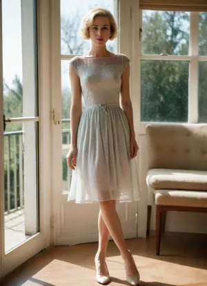 4122305, full body view. Private photo in 1958. 1 housewife stands next to a big window, she is 35 years old and wears lightly seethrough summerdress, short blonde hair, (she spreads her legs apart, the sunlight pass through her dress:1.1), summershoes