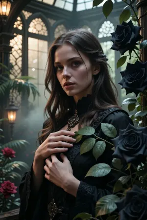 A realistic digital image. Evening twilight in a Gothic, ornate conservatory. A young woman with long, wavy dark hair and expressive eyes. She is standing in a black Victorian Gothic dress with a high collar, an embossed pattern, and a large vintage brooch on her chest. Both hands are folded across her chest, and her finger is touching a green leaf on a rose branch. She stands among lush, dark, blooming roses. Medium shot. Мisty Gothic greenhouse with pointed arches, openwork windows, warm yellow lanterns, red roses on the left, and huge velvety black roses on the right. Dramatic, diffused lighting, dark romanticism, and high detail in the fabric and petals.