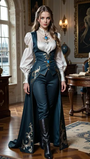 A cinematic high-fantasy portrait of Valeria Varenne at age 26, before the fall of House Varenne, when she was still the designated heir to an old matriarchal merchant dynasty in the wealthy Mediterranean-inspired port city of Corenza. Valeria is a beautiful young Aasimar woman with fair skin, refined harmonious features, defined cheekbones, a straight elegant nose, striking silver-gray eyes, and long golden-brown hair with lighter natural highlights, worn in an elegant half-up, half-down style. Her celestial heritage is subtle rather than overt, she looks mostly human, with only an unusual clarity and quiet radiance to her appearance, no visible wings.

She has a slender, athletic build and carries herself with effortless confidence, perfect posture, and the controlled grace of someone raised from childhood to become the next matriarch of a powerful house. She is not delicate or ornamental, beneath the aristocratic refinement is the balance and physical discipline of an accomplished fencer.

Valeria wears luxurious but tasteful noble clothing in muted dark teal, ivory, silver and restrained gold. A loose, elegant blouse of fine lightweight fabric is fitted at the waist beneath a beautifully tailored teal waistcoat, with fitted trousers and high fine leather boots with a modest heel. The fabrics and craftsmanship are expensive without being gaudy. Delicate silver and gold embroidery suggests wind, sea currents and maritime motifs appropriate to an old trading family.

Around her neck is a fine silver chain with an elegant silver pendant containing a polished sea-blue gemstone. A refined brooch shaped like a spiraling current of wind around a small star is pinned to her clothing.

The setting is an elegant merchant-aristocratic mansion in Corenza, with tall windows, carved stone, polished wood, maps, ledgers and subtle signs of immense mercantile wealth. Through the windows, hints of a great harbor and distant masts can be seen. Valeria should feel intelligent, composed, warm beneath her formality, and entirely believable as a woman who expects one day to inherit the house around her.

Detailed fantasy art, painterly realism, cinematic natural lighting, realistic anatomy, expressive eyes, elegant fabric textures, sophisticated aristocratic atmosphere, full-body or three-quarter composition.