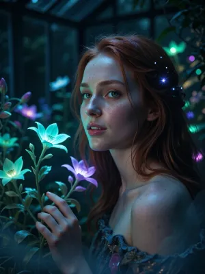 Ultra detailed depiction, extreme close-up composition, sharp focus on her face. A professional cinematic still of a beautiful fantasy redhead woman with pale skin, standing inside a dimly lit greenhouse filled with bioluminescent flowers. Her skin is smooth and cool-toned, with a faint natural sheen. Her eyes are a striking deep green, reflecting the soft glow of the plants around her. Her expression is calm and curious, a gentle smile on her lips as she looks toward one of the glowing flowers near her hand. Her dark hair falls loosely around her shoulders, catching small points of glowing light. Around her, the greenhouse is filled with fantastical flora, glowing flowers in shades of teal, violet, and soft green, casting gentle ambient light through the dim space. Wisps of soft mist drift low along the ground. The overall lighting is dark and moody, lit primarily by the glowing plants themselves, creating dramatic contrast between deep shadow and vivid glowing color. The color palette is dominated by deep blues, teals, and glowing violet accents. Shallow depth of field, soft bokeh background, over-detailed cinematic photography, masterpiece, epic detail, sharp facial details, photorealistic render.