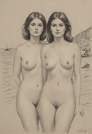 pencil sketch, portrait of two gorgeous 35yo brunettes, happy, 1970s style, frontal view, completely unclothed, standing, voluptuous, natural large-sized teardrop-shaped breasts, seaside town, pencil, sketch, (cleanly shaved pussy), <lora:sketch_it:.8>, <lora:Pencil_Sketch-06R:.8>, <lora:sketch:.8>