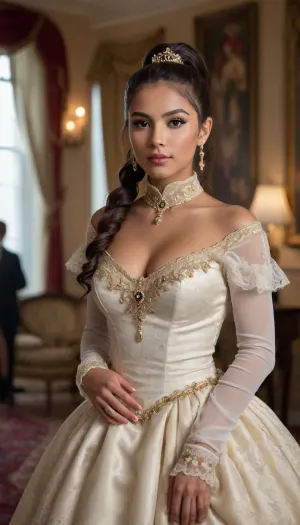shallow depth of field, 85mm lens, ((18-year-old)), beautiful, athletic, (young), (petite), (Latina girl:1.6), ((black eye shadow)), ((high ponytail with Blunt Bangs brunette hair)), ((tight large breasts)), (untrimmed bushy pubic hair), (((Victorian opulent court dress))), ((inside an opulent apartment living room)), direct eye contact, warm glow, cinematic atmosphere