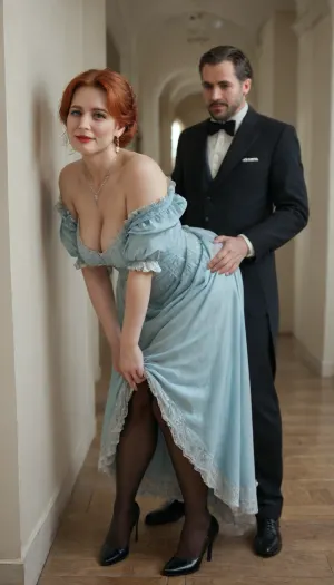 Victorian still, (40 year old gorgeous tall woman:1.3), (milf:1.3), very pretty face, red hair, red lips smile, makeup, (Huge natural tits:1.3), strict long blue dress, black stockings, White high heels, Emerald necklace and earrings, The woman bent down, raised the hem of her dress, 2 man in Victorian suit, couple fucks woman, anal vaginal sex, realistic face, perfect eyes, good lighting, victorian, dress, <lora:victorian_dress-XL-2.0:1.5>, <lora:detailed_notrigger:1.5>, <lora:rearpussy-xl-1.0:1.2>