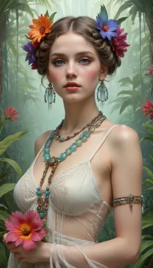 beautiful woman wearing fantastic hand-dyed transparent see though cotton clothes, embellished beaded feather decorative fringe knots, colorful pigtail, subtropical flowers and plants, symmetrical face, intricate, elegant, highly detailed, 8k, digital painting, trending on pinterest, harperâs bazaar, concept, art, sharp focus, illustration, Tom Bagshaw, Lawrence Alma-Tadema, Alphonse Mucha, <lora:ac_neg1:.8>