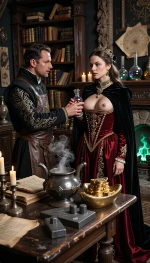 A dark fantasy cinematic masterpiece, shot in a 35mm film style with dramatic chiaroscuro lighting. A Renaissance noblewoman stands in a mysterious room, having made a secret, clandestine visit., ((She's undressing, taking off an obsidian-black velvet cape), taking off a sumptuous, very low-cut that reveals breasts, voluminous royal gown of crimson silk, intricately woven with gold filigree and seed pearls), . She faces an austere, enigmatic royal alchemist clad in an embroidered dark robe and a weathered leather artisan's apron. He solemnly extends his hand to offer an ornate antique crystal vial containing an iridescent liquid, illuminating her chest. The scene unfolds in an alchemist's vast, shadow-drenched sanctuary, illuminated only by the warm glow of flickering candles and the eerie emerald embers of a stone hearth. The background features a dense, rich composition, towering wooden shelves overflowing with crumbling leather grimoires, tattered astrological scrolls, and glass alembics where a mysterious liquid boils. In the foreground, a heavy oak workbench displays meticulous details, iron crucibles emitting wisps of smoke, heavy and dull matte-grey lead ingots, and gleaming stacks of perfectly polished pure gold ingots catching the golden candlelight. Exquisite textures of velvet, melted wax, aged paper, and cold metal, volumetric smoke, high contrast, and breathtaking detail.