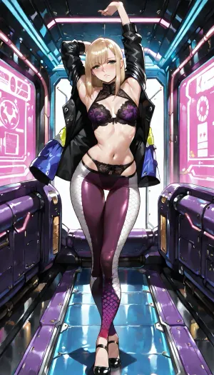 25-year-old woman, game character, short ash-blonde hair, beautiful slender face, fair skin, neat upturned nose, green eyes, a few freckles, beautiful slender, ((highly detailed)), body, every curve visible, neat, ((firm)), breasts, ((medium-sized)), small nipples, narrow waist, beautiful midriff, wide hips, long, ((straight)), legs, rounded thighs, ((thigh gap)), beautiful, textured leggings, colorful leggings, ((bright purple at the bottom, smoothly transitioning to black at the top, detailed, intricate fabric patterns)), top, ((high-neck top, semi-sheer fabric, lace inserts)), fashionable, ultra-short futuristic jacket, ((draped over shoulders)), background, ((cyberpunk-style room)), full-body view, arms raised, ((stretching)), beautiful high-waisted panties visible under leggings, beautiful lace bra under top, full view of legs, body in a sexy arched pose, sexy pose, full body