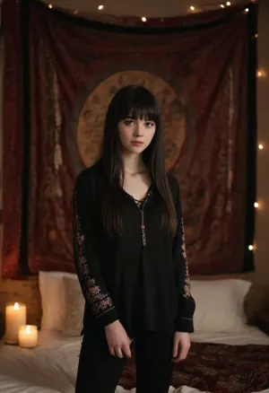 18 year old girl, looks innocent, pale skin, black hair, long hair, bangs, dark eyes, thin, small breasts, wearing black long sleeve loose shirt with asian patterns, tight pants, standing in her bedroom, decorated with tapestries, wall hangings, candles
