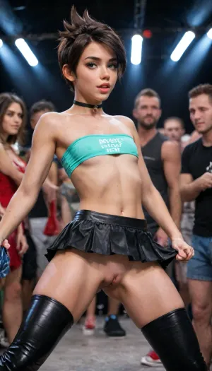 (dream 4ng3l:1.8), beautiful young adult, beautiful female model, (sexiest adorably cute hot beauty:1.5), gorgeous, adorable, cute, extremely sexy face, perfect female face, (sensual eyes:1.5), (seductive eyes:1.5), (most beautiful eyes:1.2), (sexy eyes:1.6), (perfectly shaped lips:1.3), full lips, (small cute nose:1.1), sexy makeup, (sensually parted lips:1.2), horny expression, looking at viewer seductively, (tanned:1.4), (very adorable cutest sexy beauty:2), (very sexy body:2), (very slutty body:2), athletic, tight body, slim neck, shapely thighs, perfect ass, (very tidy godpussy:1.6), (really pretty breasts just asking for someone to suck on them:1.7), (looking like she has inappropriate sexual fantasies involving viewer:1.6), ...

BREAK, (Tracer:1), (close:.2), (looking back:2), .
BREAK, (girly:.2), (minx:.2), (petite:.2), (sweet:.2), (slender:.2), (youthful:2), (cute:.2), (fit:.2), (slutty:.2), (sexy:2), (flatchested:3), (busty:.2), (curvy:.2), (tanned:1.6), (tan lines:1.6), (dark complexion:.2), (makeup:.2), (long dark eyelashes:.2), (freckles:.2), (sweaty:1.2), (pussy juices:1.2), (shy:.2), (blushing:.2), (worried:.2), (flirty:.2), (excited:.2), (moaning:.2), (begging for sex:.2), (head tilt:.2), choker, (lifted t-shirt:1.2), (microskirt:1.5), thigh highs and leather boots.
BREAK, (dancing sensually:1.6), (flashing pussy:1.5), (rave party:1.1), (crowds:1.4), closeup, low view.

BREAK, perfecteyes, <lora:lora-sdxl-perfect-eyes:2>, <lora:adlima_xl_1_standard_merge_62_88_05_05:2>, <lora:LCMTurboMix_Euler_A_fix:.8>, <lora:WildcardX-XL-Detail-Enhancer:2>