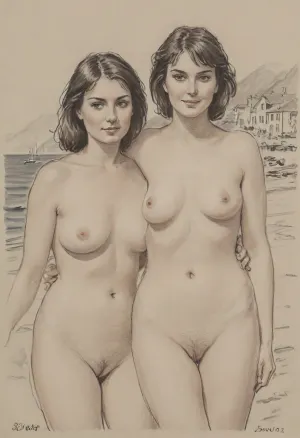 pencil sketch, portrait of two gorgeous 35yo brunettes, happy, 1980s style, frontal view, completely unclothed, standing, voluptuous, natural small-sized teardrop-shaped sagging breasts, seaside town, pencil, sketch, (cleanly shaved pussy), <lora:sketch_it:.8>, <lora:Pencil_Sketch-06R:.8>, <lora:sketch:.8>