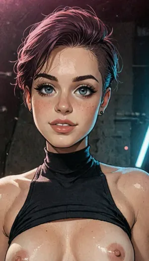 ((Melkor mancin meet markgavatino style)), 1woman, beautiful female, long pixie cut hairstyle, undercut cyberpunk style, purple hair, relaxed happy face, perfect medium breasts, exposed breasts, grey eyes, bionic limps, few light sources, perfect eyes, dark room, cyberpunk style, very detailed, 8k, (sci-fi cyberpunk style), dark fantasy, dark atmosphere, low lighting, perfect hands, perfect fingers, ratatatat74, jtcstyle, SamDoesArts, reiq style, masterpiece, Khaba_Babes, <lora:ratatatat74-000050:1.6>, <lora:LCMTurboMix_Euler_A_fix:.1>, <lora:EnvyBeautyXL02:1.2>, <lora:outline_xl_kohaku_delta_spv5x:1>