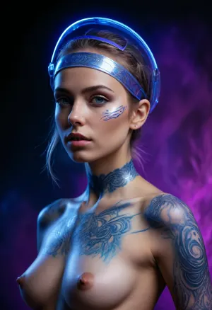 ​Editorial conceptual photography of a naked female cyber-nomad with small breasts . She wears a transparent UV-reactive liquid visor that radiates an intense electric-blue aurora. Her body is accented with invisible-ink henna tatts that explode into vibrant radiant violet and silver glow blue under ultraviolet rays, deep dark studio backdrop, 8k cinematic render.