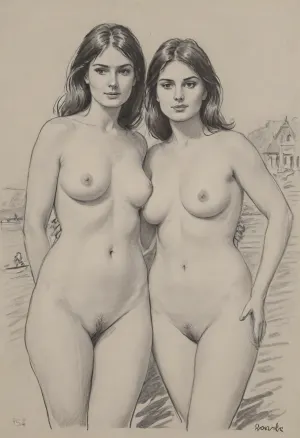 pencil sketch, portrait of two gorgeous 35yo brunettes, happy, 1970s style, frontal view, completely unclothed, standing, voluptuous, natural large-sized teardrop-shaped breasts, seaside town, pencil, sketch, (cleanly shaved pussy), <lora:sketch_it:.8>, <lora:Pencil_Sketch-06R:.8>, <lora:sketch:.8>