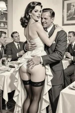 This is is a detailed monochromatic pencil drawing in a classical illustrative style depicts a scene set in 1960s, very tall beautiful woman with brown elegant hair married mother in pin-up style, she is wearing in long flounce dress, a seductive face, beautiful eyes, stands in restaurant, very excited, slutty smile, lustful, She hugs very handsome 40 yo man in a suit, men rough Hugging her and roughly strong groping her butt, men lift up the hem of her dress, showing her black stockings with garters, her white panties are visible, roughly strong grabbing her ass, lustful mocking smile men's face, man squeezes her buttock hard with his hand, groping and grabbing, men give her vulgar hints about sex, rear view, The overall mood is intense, rendered in fine, expressive line work and subtle shading, evoking the style of 1950s satirical or moralistic illustrations., (((1 man, 1 woman.)))