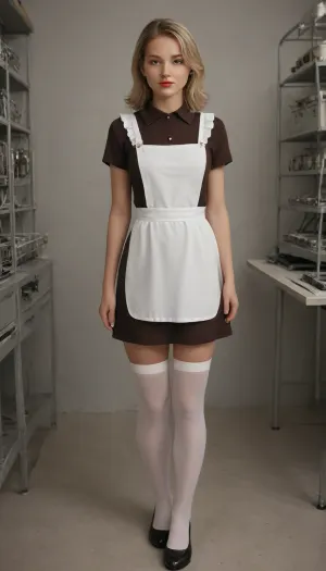 20 years old, slim figure, pretty face, blonde, long square, red lips, blue eyes, Soviet school uniform 1980s style, ((dark brown dress, white big direct apron, apron with cables)), pioneer tie, white stockings, black shoes, spread open pyssy, school class, super realism, high quality picture, high definition detail, <lora:suxl:1.6>, <lora:pionyrka:1.1>