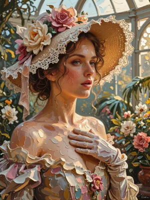 This oil painting, on linen canvas, is characterised by its distinctive thick layers of paint and rough brushstrokes applied with a palette knife, in the style of modern palette-knife portraiture. This close-up portrait, depicting an elegant Victorian lady in a richly adorned wide-brimmed hat with lace and large flowers, is rendered with dense brushstrokes. She stands in a sun-drenched Victorian conservatory, her face is delicately rendered in oil, and her hand, clad in an exquisite glove, rests upon her chest. The background depicts the soft, warm and picturesque atmosphere of the glass conservatory with thick impasto brushstrokes, evoking arched windows, lush tropical vegetation and numerous flowers. The uniform, unrefined and noticeably thick texture of the oil paint smoothly covers the entire canvas, uniting the blurred background of the conservatory into a single pictorial surface. A distinctive feature is the dramatic ‘golden hour’ lighting.