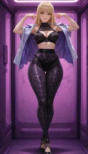 25-year-old woman, game character, short ash-blonde hair, beautiful slender face, fair skin, neat upturned nose, green eyes, a few freckles, beautiful slender, ((highly detailed)), body, every curve visible, neat, ((firm)), breasts, ((medium-sized)), small nipples, narrow waist, beautiful midriff, wide hips, long, ((straight)), legs, rounded thighs, ((thigh gap)), beautiful, textured leggings, colorful leggings, ((bright purple at the bottom, smoothly transitioning to black at the top, detailed, intricate fabric patterns)), top, ((high-neck top, semi-sheer fabric, lace inserts)), fashionable, ultra-short futuristic jacket, ((draped over shoulders)), background, ((cyberpunk-style room)), full-body view, arms raised, ((stretching)), beautiful high-waisted panties visible under leggings, beautiful lace bra under top, full view of legs, body in a sexy arched pose, sexy pose, full body